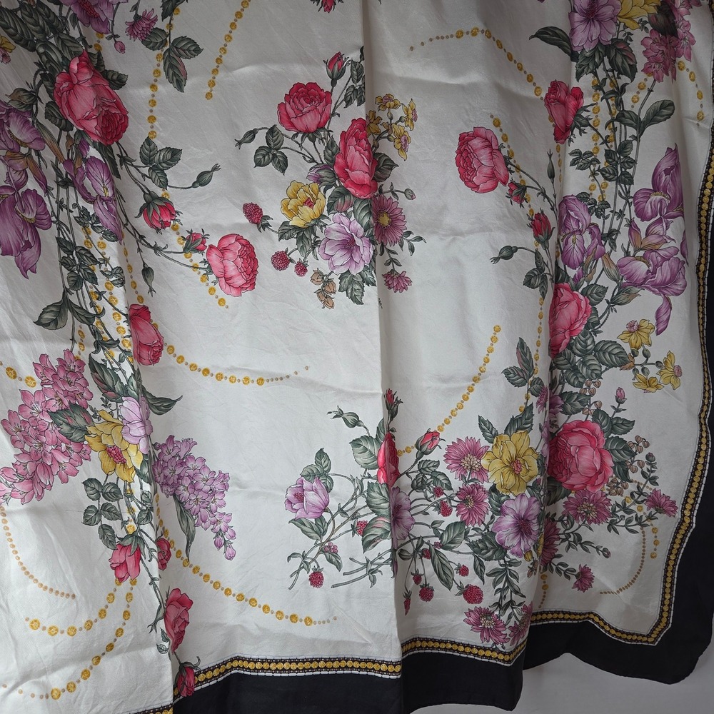 VTG Hiroko for Dozo Floral Print Silk Scarf Japan Pink Yellow Roses Black Border